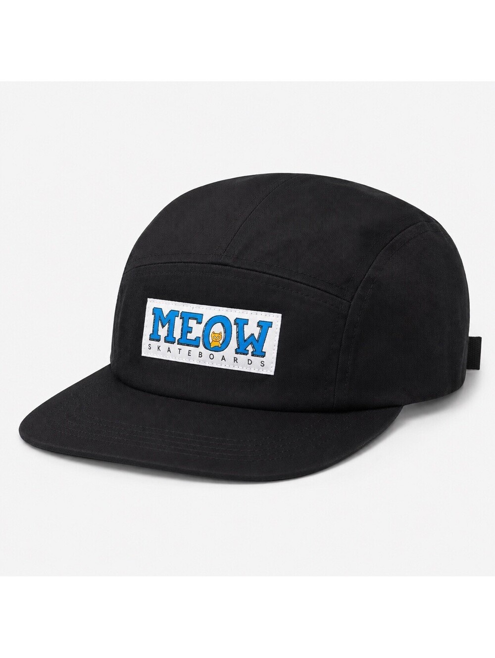 Meow Skateboards 5-Panel Camp Hat Cap Black Blue Stacked Logo 100% Cotton OSFM